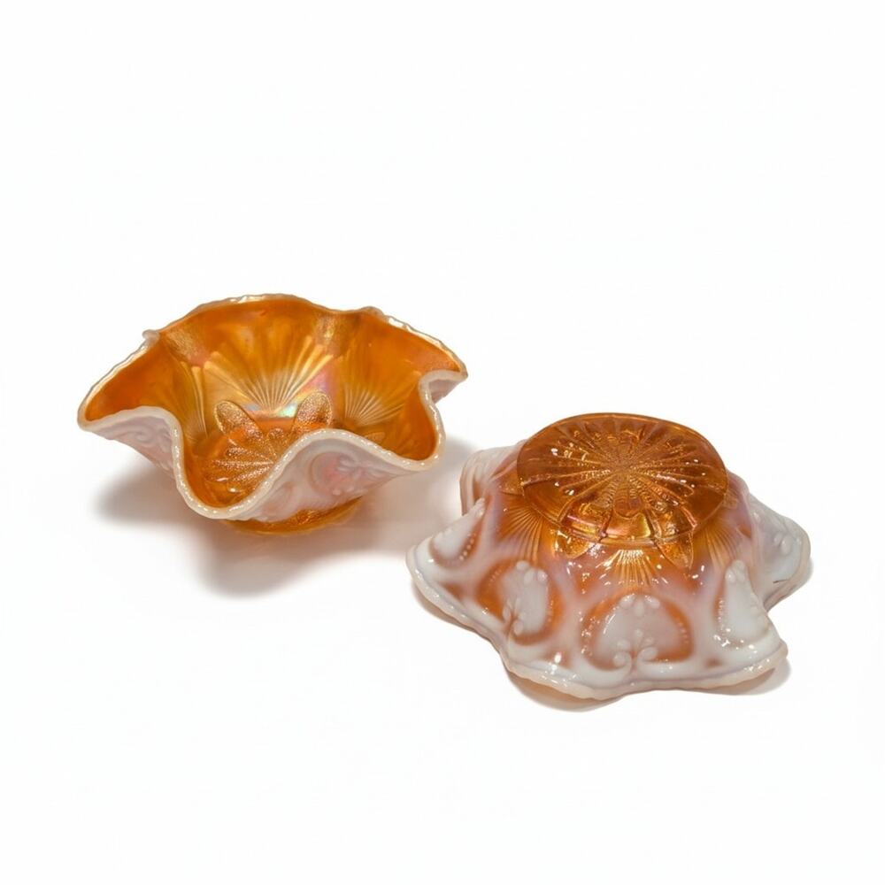 Two Dugan Petal & Fan Peach Opalescent Carnival Glass Berry Bowls c.1910 Antique